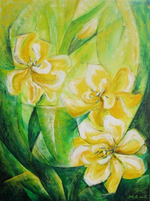 Acrylbild gelben Tulpen vor grünem Hintergrund.